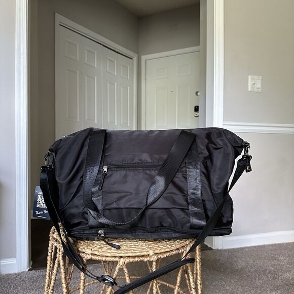 NWT $120 The Foldie Black Nylon Foldable Expandable Shoulder Bag Travel Tote - Picture 5 of 7